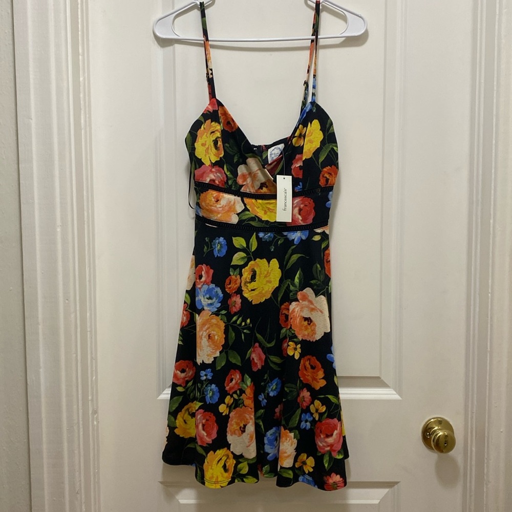NWT Blue Rain Francesca’s dress black with red, yellow and orange flowers. S
